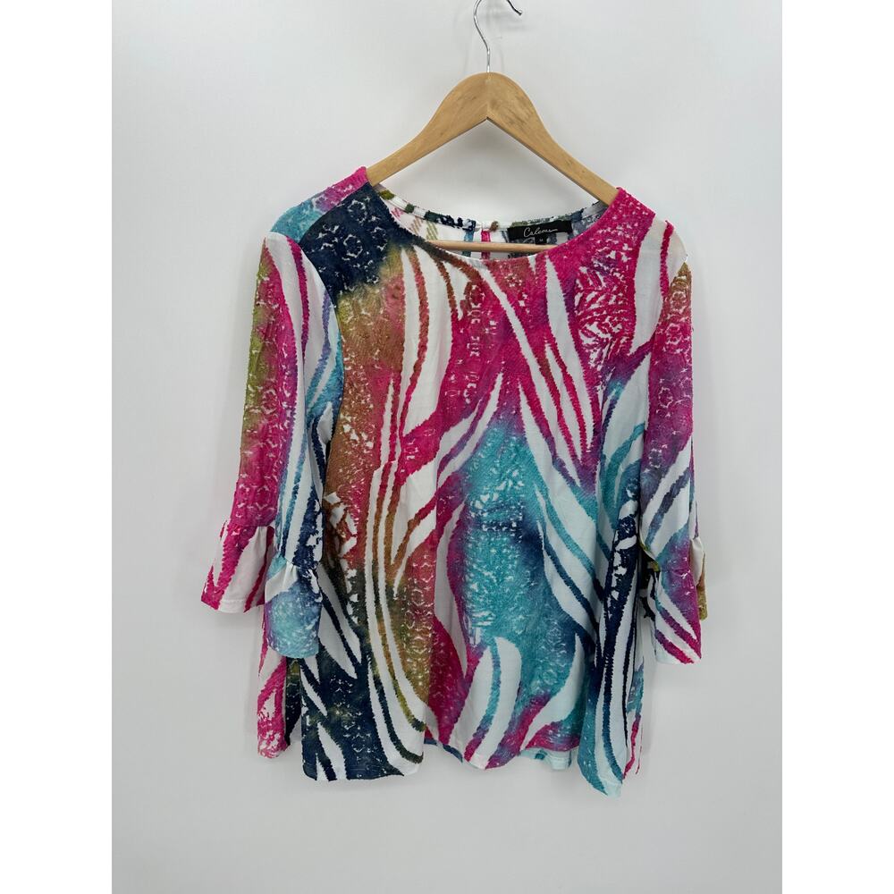 Caleaas Top Women Medium Textured Ruffle Boho Artsy Colorful Unique Blouse